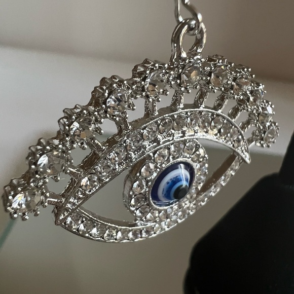 Silver rhinestone evil eye dangle drop chandelier earrings - Picture 4 of 10